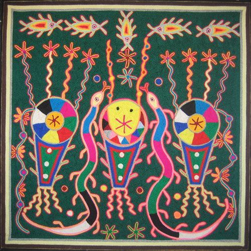 Three Drums and Two Snakes - Nierika Yarn Painting
