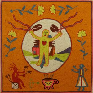 Yellow Man, Red Heart - Huichol Yarn Painting
