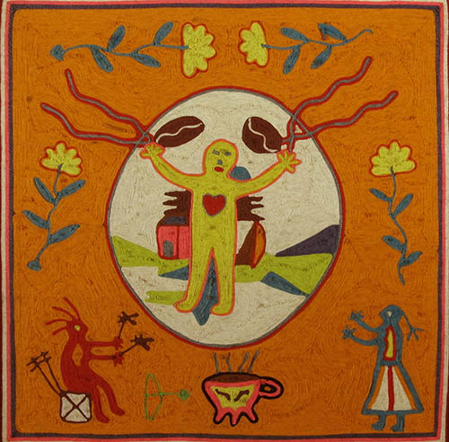 Yellow Man, Red Heart - Huichol Yarn Painting
