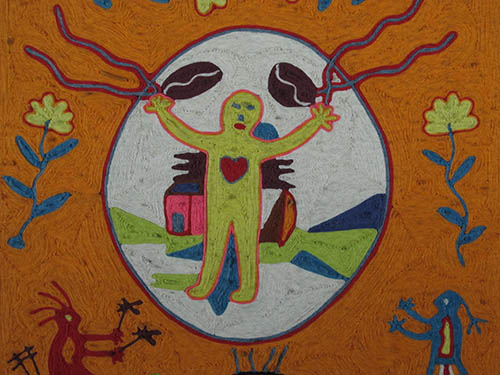 Yellow Man, Red Heart - Huichol Yarn Painting