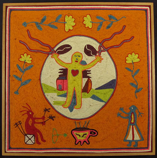 Yellow Man, Red Heart - Huichol Yarn Painting