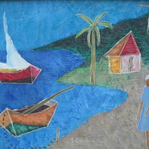 Woman in a blue dress and two boats at the shore