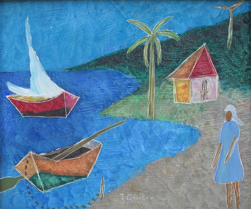 Woman in a blue dress and two boats at the shore