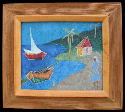 Woman in a blue dress and two boats at the shore