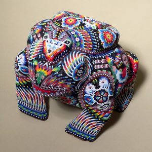 Large Frog with Coiled Snake on Back - Huichol Beaded Sculpture by Hector Ortiz