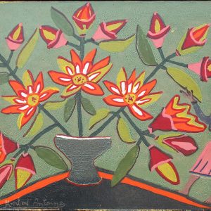 Still Life with Red Flowers and Woman in Pink Skirt