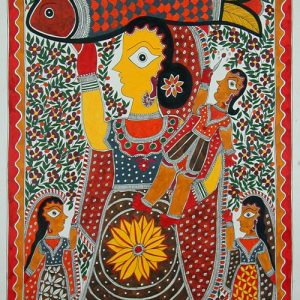 Fish-Carrying Woman with Daughter and Son - Mithila painting