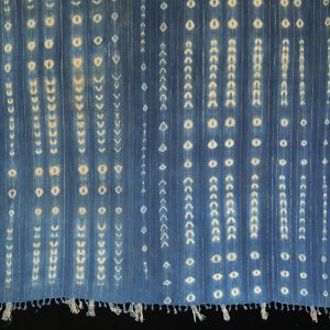 Indigo resist-dyed strip-weave cotton cloth with Lurex threads