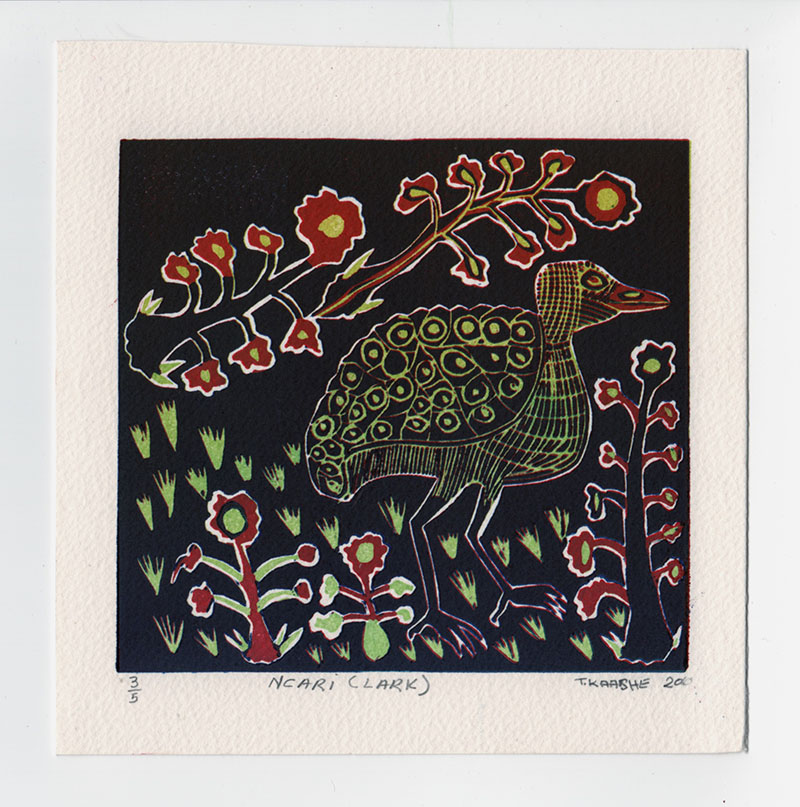 Ncari (Lark) linocut print
