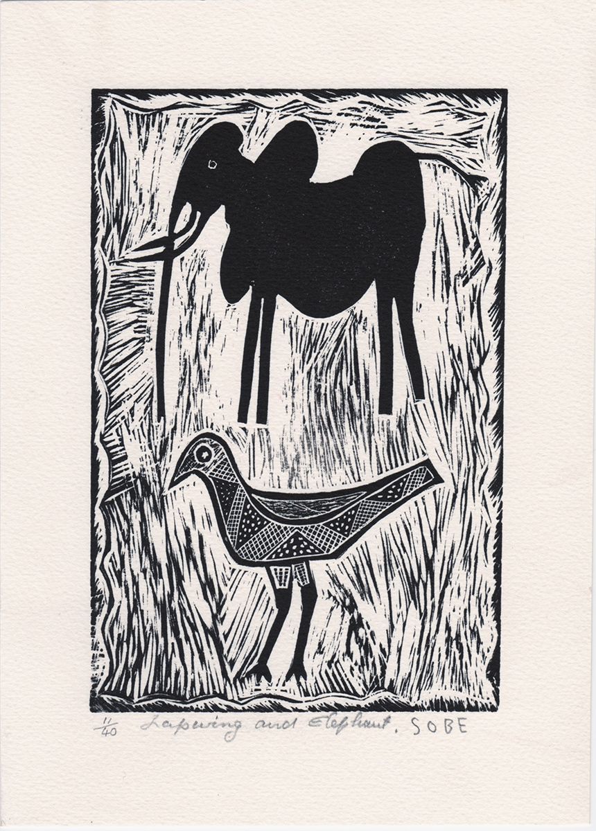 Lapwing and Elephant - Linocut print