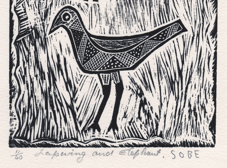 Lapwing and Elephant - Linocut print