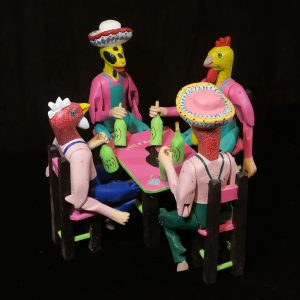 Borrachos at a table - vintage Oaxaca wood carving