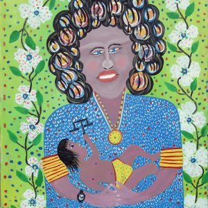Woman with Curls Holding Child with Scales