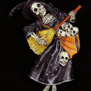 Calavera Bruja with a basket of skulls - retablo figure