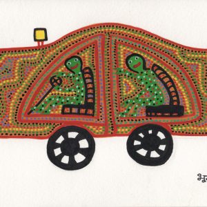 Two Green People in a Yellow Car