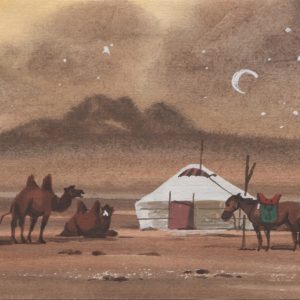 Mongolian Nightscape with Yurt and Camel and Horse.