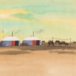 Mongolian Landscape with Yurts and Horses