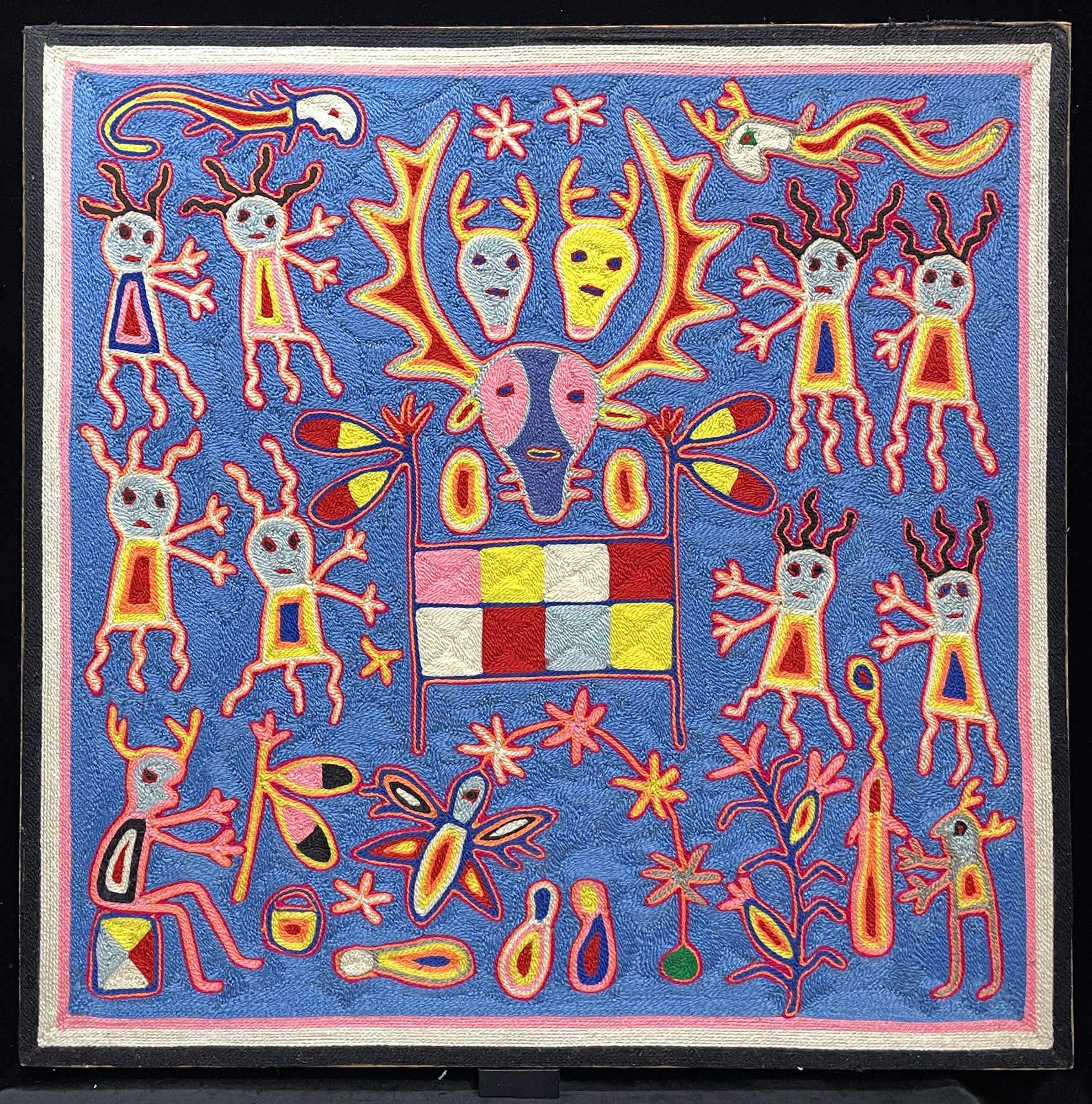 "Dios Venado y Dios Fuego" (Deer-god and drum-god) - Nierika Yarn Painting