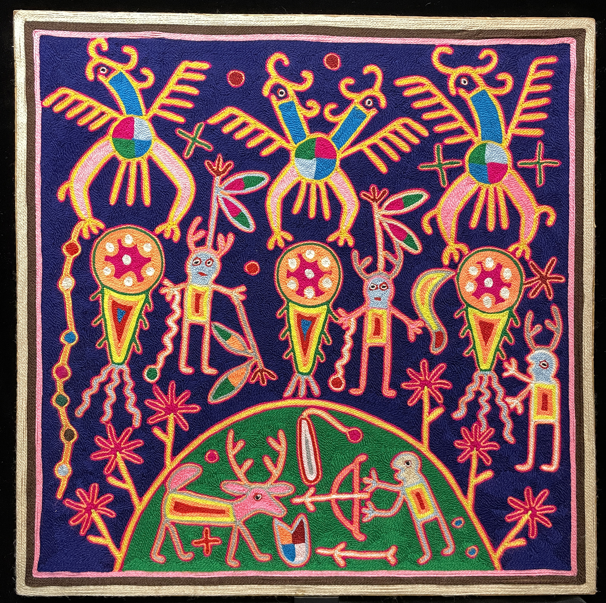 The Three Shamans and the Three Eagle Gods - Nierika Yarn Painting