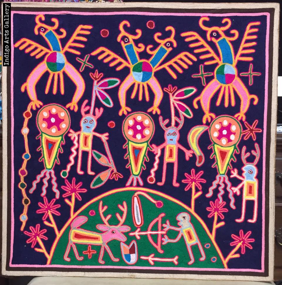The Three Shamans and the Three Eagle Gods - Nierika Yarn Painting