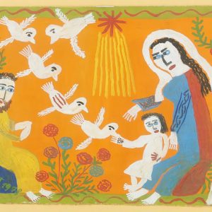 Holy Family with Christ child receiving flock of doves
